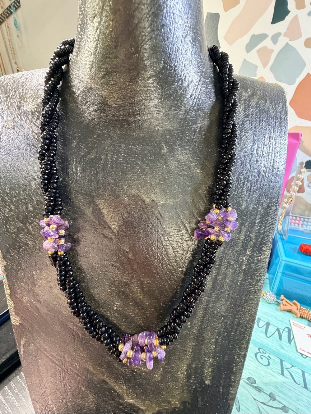 Semi precious  amethyst/black obsidian necklace